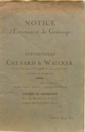 Couverture de 1924 CHENARD ET WALCKER 15 CV U4 LIVRET D'ENTRETIEN