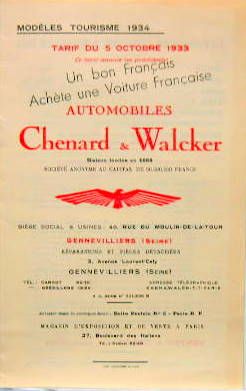 Couverture de CHENARD ET WALCKER TARIF 1922 A 1934