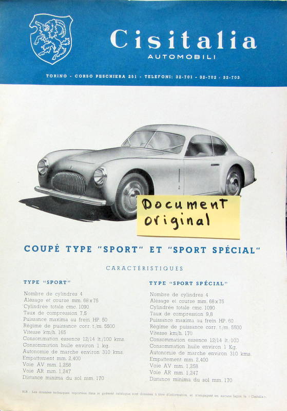 Couverture de CISITALIA COUPE TYPE SPORT ET SPORT SPECIAL CATALOGUE ORIGINAL EN FRANCAIS EN COPIE COULEUR