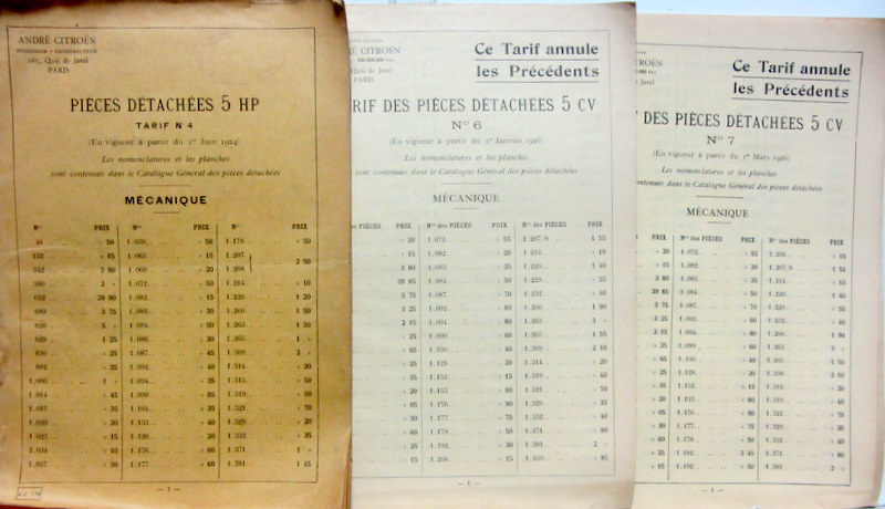 Couverture de CITROEN 5 HP CATALOGUE DES PIECES DETACHEES TARIF N°4-6-7 NON ILLUSTRE
