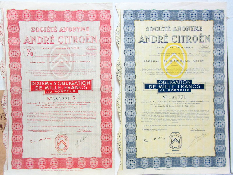 Couverture de 1936  CITROEN DIXIEME D'OBLIGATION DE MILLE FRANCS AU PORTEUR SIGNEE DE PIERRE MICHELIN