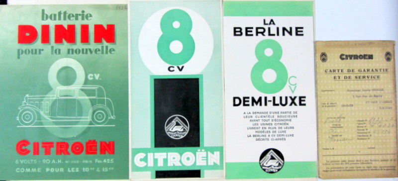 Couverture de CITROEN ROSALIE 8 CV BATTERIE DININ - DEPLIANT 8 CV - DEPLIANT DEMI LUXE CARTE DE GARANTIE OISE EN 33