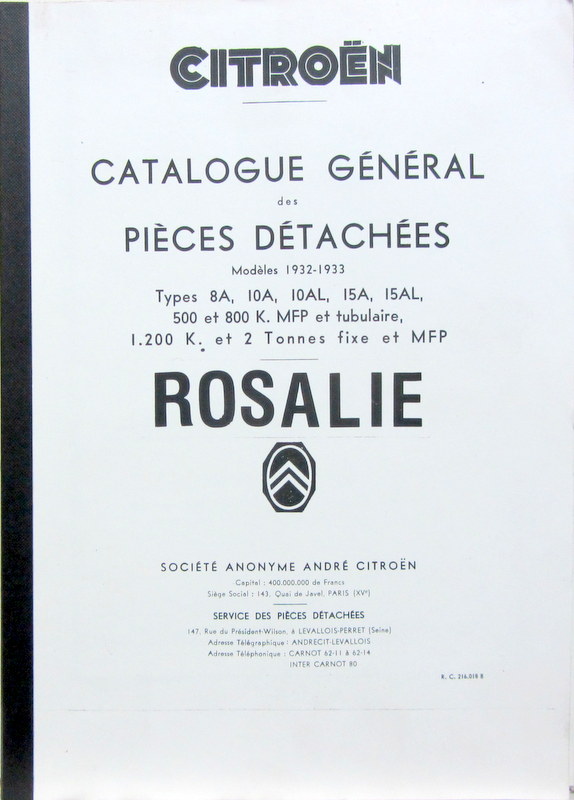 Couverture de 1932-33 CITROEN ROSALIE CATALOGUE DES PIECES DETACHEES 8-10-15 ET  UTILITAIRES EN COPIE RELIEE PLANCHES SEULES