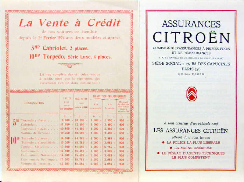 Couverture de CITROEN VENTE A CREDIT 1924 ET ASSURANCE