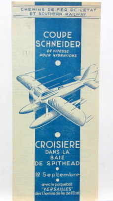 Couverture de COUPE SCHNEIDER DE VITESSE POUR HYDRAVIONS CROISIERE DANS LA BAIE DE SPITHEAD AVEC LE PAQUEBOT VERSAILLE DES CHEMINS DE FER DE L'ETAT ENVIRON 1930