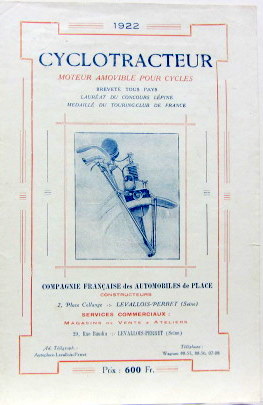 Couverture de 1922 CYCLOTRACTEUR MOTEUR AMOVIBLE POUR CYCLES A LEVALLOIS CATALOGUE