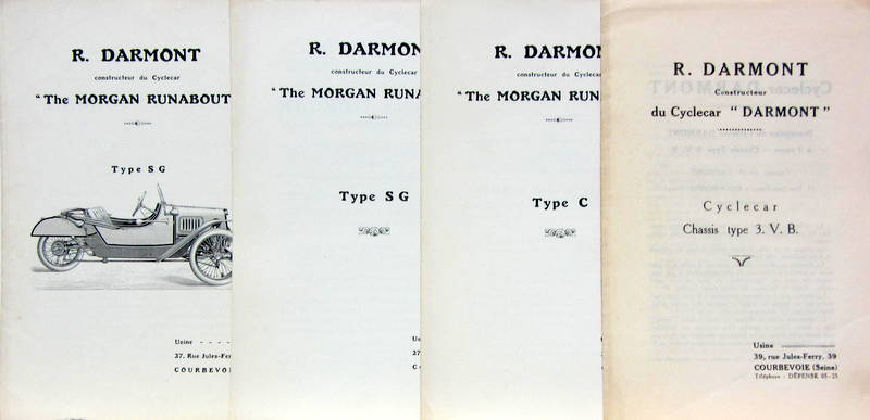 Couverture de R.DARMONT (MORGAN) RUNABOUT ET CYCLECAR A COURBEVOIE CATALOGUE