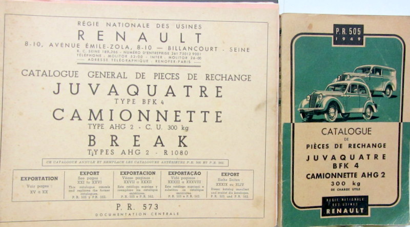 Couverture de RENAULT JUVAQUATRE BFK4 ET CAMIONNETTE AHG2  300 KG CATALOGUE DE PIECES DETACHEES