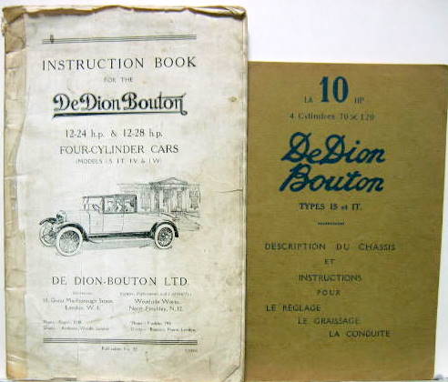 Couverture de DE DION BOUTON MODELS IS IT IV IW FOUR CYLINDER DE 1923 ET TYPE IS IT LIVRET D'ENTRETIEN
