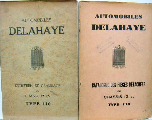 Couverture de 1931 DELAHAYE CHASSIS 110 12 HP LIVRET D'ENTRETIEN ET CATALOGUE DE PIECES DETACHEES AU CHOIX