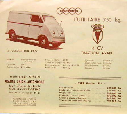Couverture de 1952 DKW GAMME  CI CAB CAMIONNETTE PROSPECTUS
