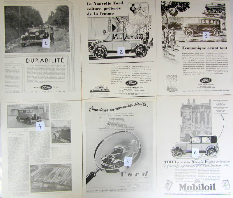 Couverture de FORD A PUBLICITEES DECOUPEES DANS LES REVUES D'EPOQUE