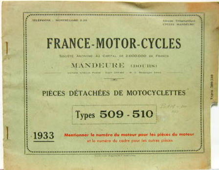 Couverture de 1933 FMC TYPE 509-510 CATALOGUE DE PIECES DETACHEES