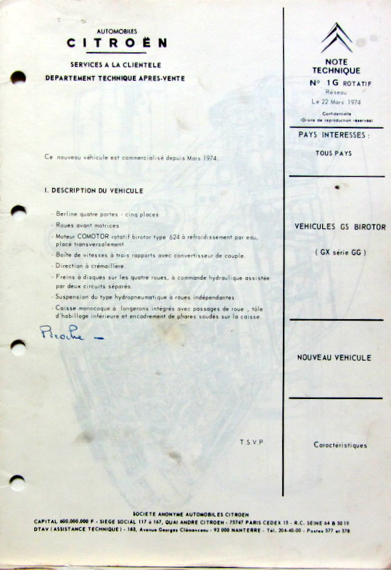 Couverture de 1974-3 CITROEN GS BIROTOR GX SERIE GG NOTE TEHNIQUE