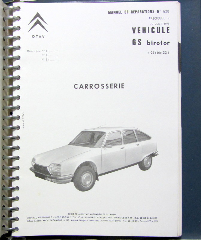 Couverture de 1974-7 CITROEN GS BIROTOR MANUEL DE REPARATION CARROSSERIE