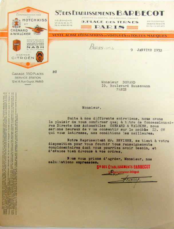 Couverture de 1932 HOTCHKISS LETTRE A ENTETE
