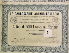 Couverture de CARROSSERIE ARTHUR BOULOGNE A LEVALLOIS PERRET ACTION DE 500 FR AU PORTEUR