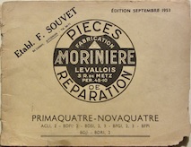Couverture de RENAULT PRIMAQUATRE NOVAQUATRE ACL1 2 BDF1 2 BDS1 2 3 BFG1 2 3BFP1 BDJ1 BDR1 2 catalogue de pieces de la moriniere 1953
