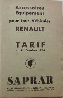 Couverture de RENAULT SAPRAR TARIF 1954 ACCESSOIRE EQUIPEMENT