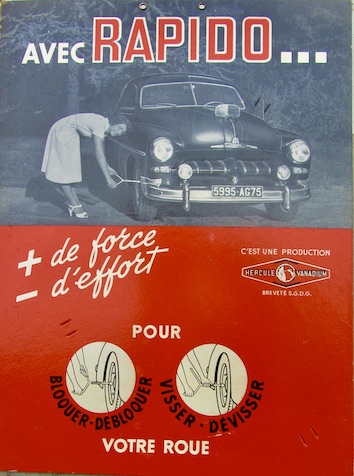 Couverture de RAPIDO PLAQUE CARTONNEE PUBLICITAIRE POUR LES CLEES A DEVISSER LES ECROUS DE ROUE AVEC UNE FORD VEDETTE