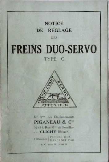 Couverture de PIGANEAU FREINS DUO SERVO TYPE C NOTICE DE REGLAGE