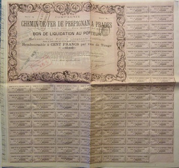 Couverture de CHEMIN DE FER DE PERPIGNAN A PRADES BON DE LIQUIDATION 1875 ACTION