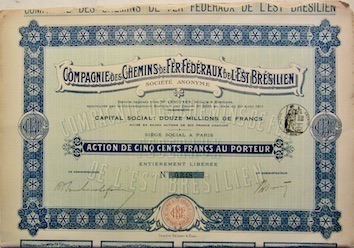Couverture de COMPAGNIE DES CHEMINS DE FER FEDERAUX DE L'EST BRESILIEN ACTION 1911AVEC 40 BONS