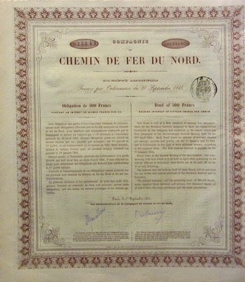 Couverture de CHEMINS DE FER DU NORD OBLICATION 1845 1855 AVEC 4 COUPONS ACTION