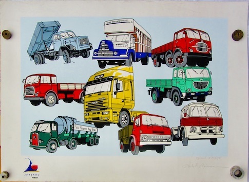 Couverture de IVECO MAGIRUS UNIC OM ETC. BELLE LITHOGRAPHIE DE M.RAIMON SIGNEE DE L'ARTISTE