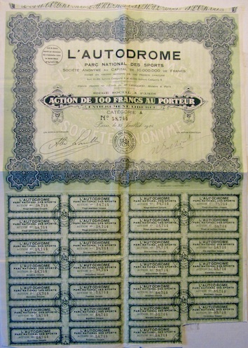 Couverture de L'AUTODROME MONTLHERY ACTION DE 100 FRANCS 1924 SIGNEE DE LAMBLIN AVEC 27 COUPONS