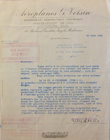 Couverture de VOISIN LETTRE A ENTETE 1926 AVEC LA PUBLICITEE DE LA 14 CV 6 CYLINDRES C11