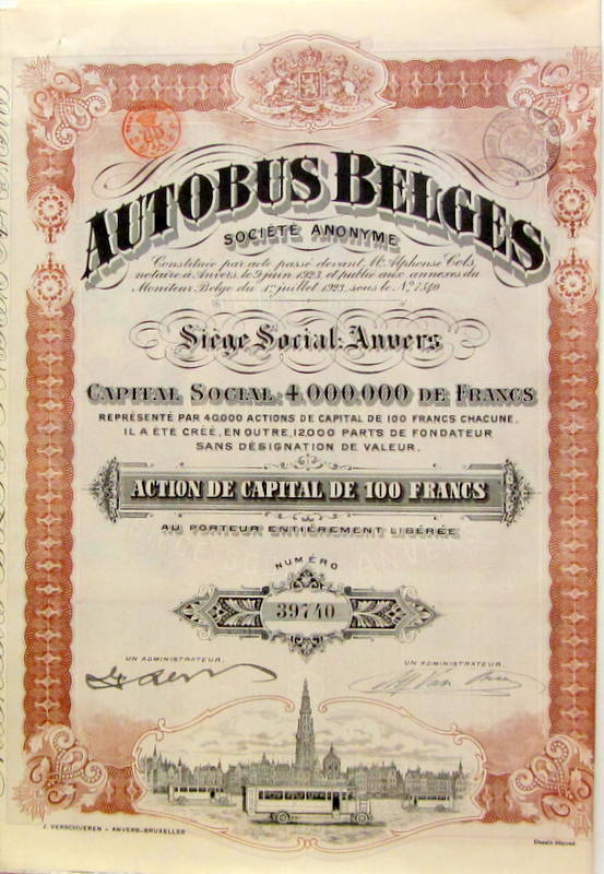 Couverture de 1923 ACTION DES AUTOBUS BELGES AVEC SES 30 COUPONS AU COMPLET
