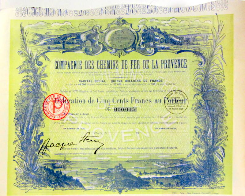 Couverture de 1929 ACTION DES CHEMINS DE FER DE LA PROVENCE  AVEC SES 32 COUPONS - 1951 SANS COUPONS