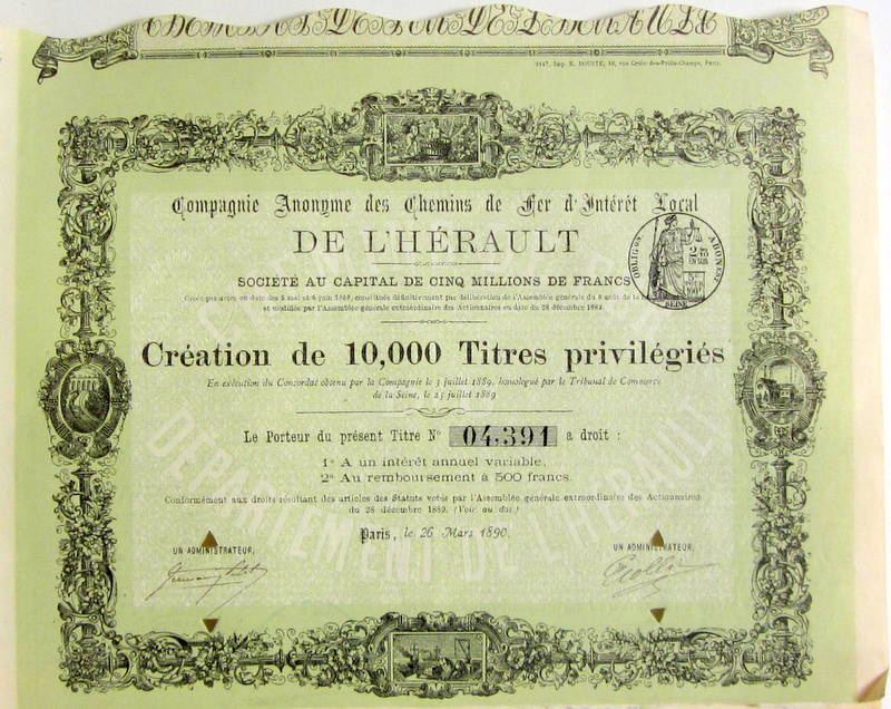 Couverture de 1890 ACTION DES CHEMINS DE FER D'INTERET LOCAL DE L'HERAULT AVEC SES 16 COUPONS