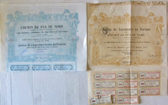 Couverture de CHEMINS DE FER DU NORD ACTION 1845 1852 AVEC 3 COUPONS