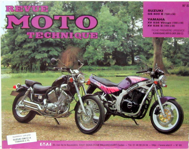 Couverture de 83 RMT SUSUKI GS 500E 1989 A 96 - YAMAHA XV 535 VIRAGO 1988 A 96 XV 535S 1994 A 96 FICHE DE PREMIERE URGENCE KAWASAKI KR1S  KR 250C