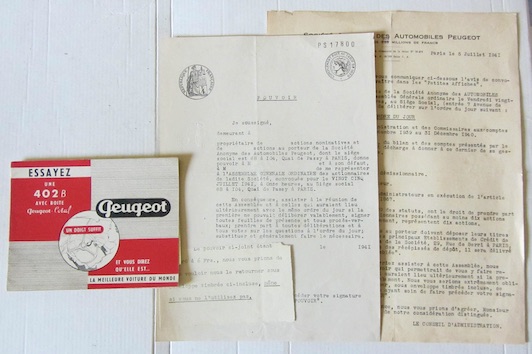 Couverture de PEUGEOT 402 B AVEC BOITE COTAL _ 1941 CONVOCATION DES ACTIONNAIRES ET POUVOIR