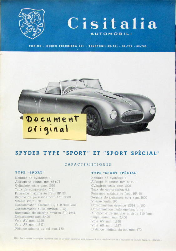 Couverture de CISITALIA SPYDER TYPE SPORT ET SPORT SPECIAL CATALOGUE ORIGINAL EN FRANCAIS EN COPIE COULEUR