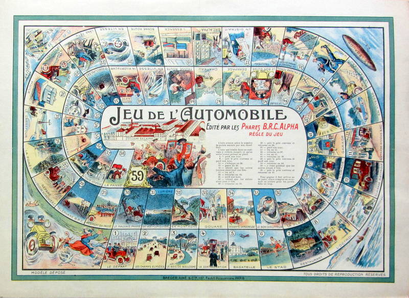 Couverture de JEU DE L'AUTOMOBILE PUBLICITAIRE DES PHARES BRC ALPHA JEU DE L'OIE ENVIRON 1905