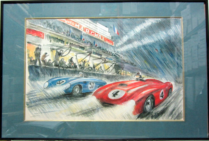 Couverture de 1954 24 HEURES DU MANS FERRARI ET DB AQUARELLE DANS LE STYLE DE GEO HAM NON SIGNEE ENCADREE