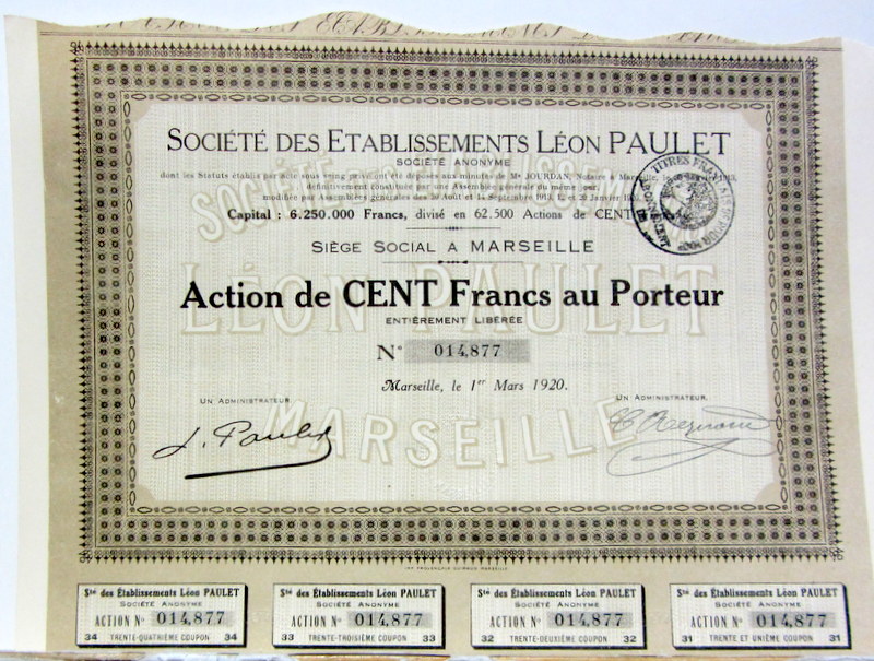 Couverture de 1920 LEON PAULET ACTION COMPLETE DE SES 28 COUPONS SIGNEE DE LEON PAULET
