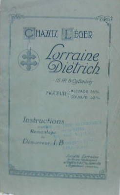 Couverture de LORRAINE DIETRICH 15 HP 6 CYLINDRES 
LIVRET D'ENTRETIEN POUR LE DEMARREUR