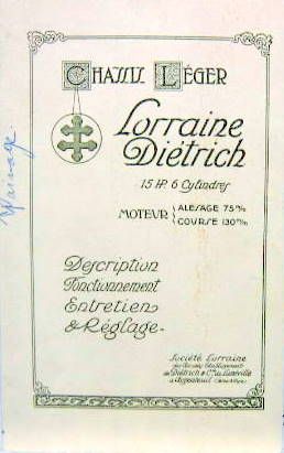 Couverture de LORRAINE DIETRICH 15 HP 6 CYLINDRES 
LIVRET D'ENTRETIEN
