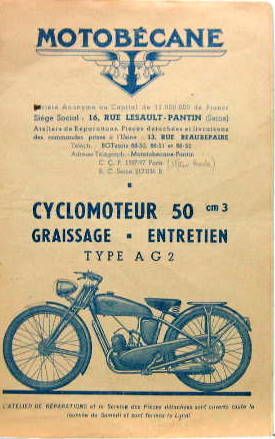 Couverture de 50 CM3 MOTOBECANE CYCLOMOTEUR AG2 LIVRET D'ENTRETIEN