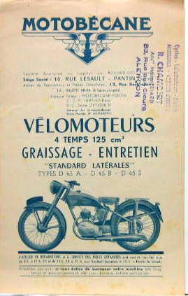 Couverture de 1953 MOTOBECANE 125 CM3 4 TEMPS LATERALES D 45 A-B-S    LIVRET D'ENTRETIEN