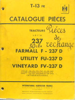 Couverture de 1962-4  Mc CORMICK  TRACTEUR 237 D FARMALL F UTILITY FU VINEYARD FV  DIESEL CATALOGUE DE PIECES DETACHEES  EN FRANCAIS