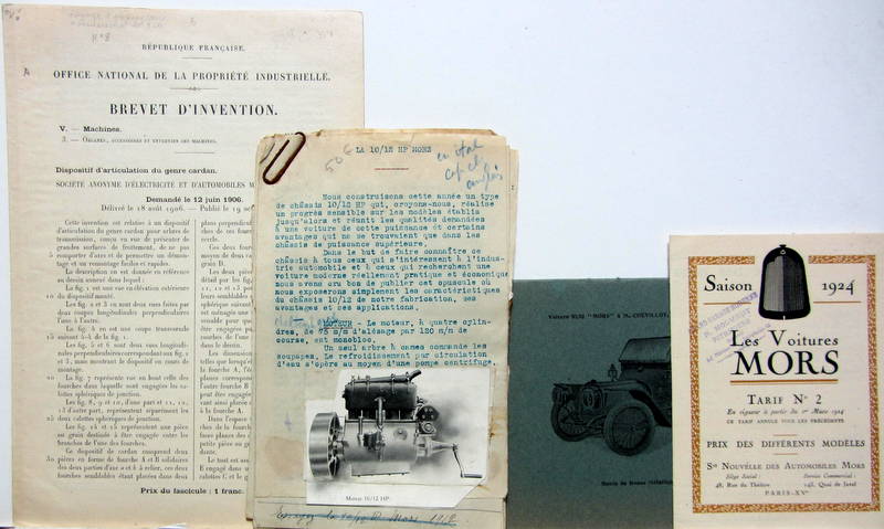Couverture de MORS 1906 BREVET SUR LE CARDANS - 10/12 HP ARTICLE - 10/12 DE MR CHEVILLOT A ROUES ROBUR - 1924 TARIF