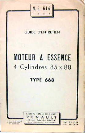 Couverture de MOTEUR A ESSENCE A CULBUTEURS 85 X 88
 LIVRET D'ENTRETIEN 1952 TYPE 668