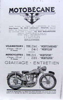 Couverture de 1954 MOTOBECANE 4 TEMPS 4 VITESSES 125 CM3 Z54C Z46C  ET 175 CM3 4 TEMPS 4 VITESSES Z22C Z2C LIVRET D'ENTRETIEN EN PHOTOCOPIE