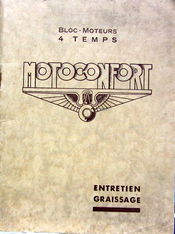 Couverture de 1933 MOTOCONFORT BLOC MOTEUR 4 TEMPS LATERAL ET CULBUTE  LIVRET D'ENTRETIEN ORIGINAL
